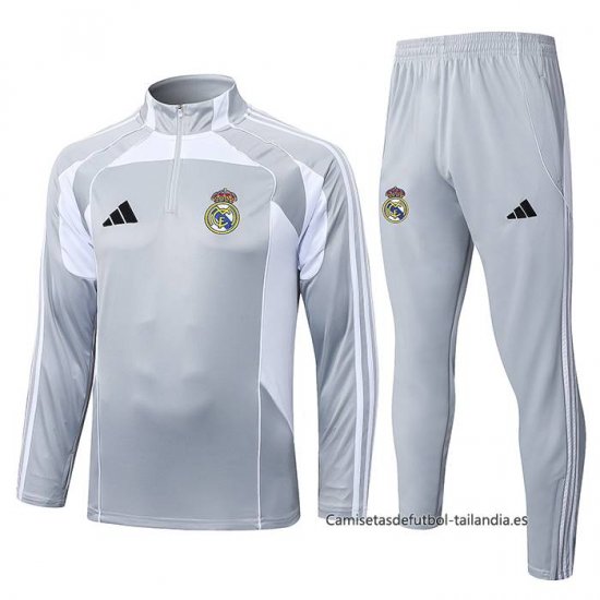Chandal de Sudadera del Real Madrid Nino 2025-2026 Gris Blanco - Haga un click en la imagen para cerrar