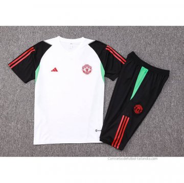 Chandal del Manchester United Manga Corta 2023-2024 Blanco y Negro - Pantalon Corto