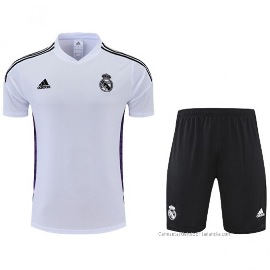 Chandal del Real Madrid Manga Corta 2022-2023 Blanco y Purpura - Pantalon Corto - Haga un click en la imagen para cerrar
