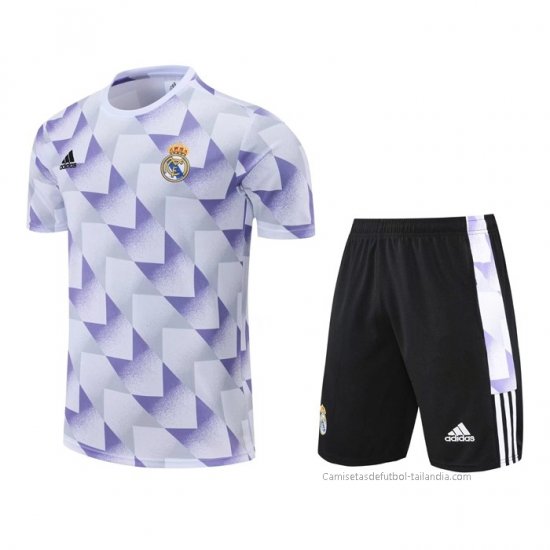 Chandal del Real Madrid Manga Corta 2022-2023 Blanco y Purpura - Pantalon Corto - Haga un click en la imagen para cerrar